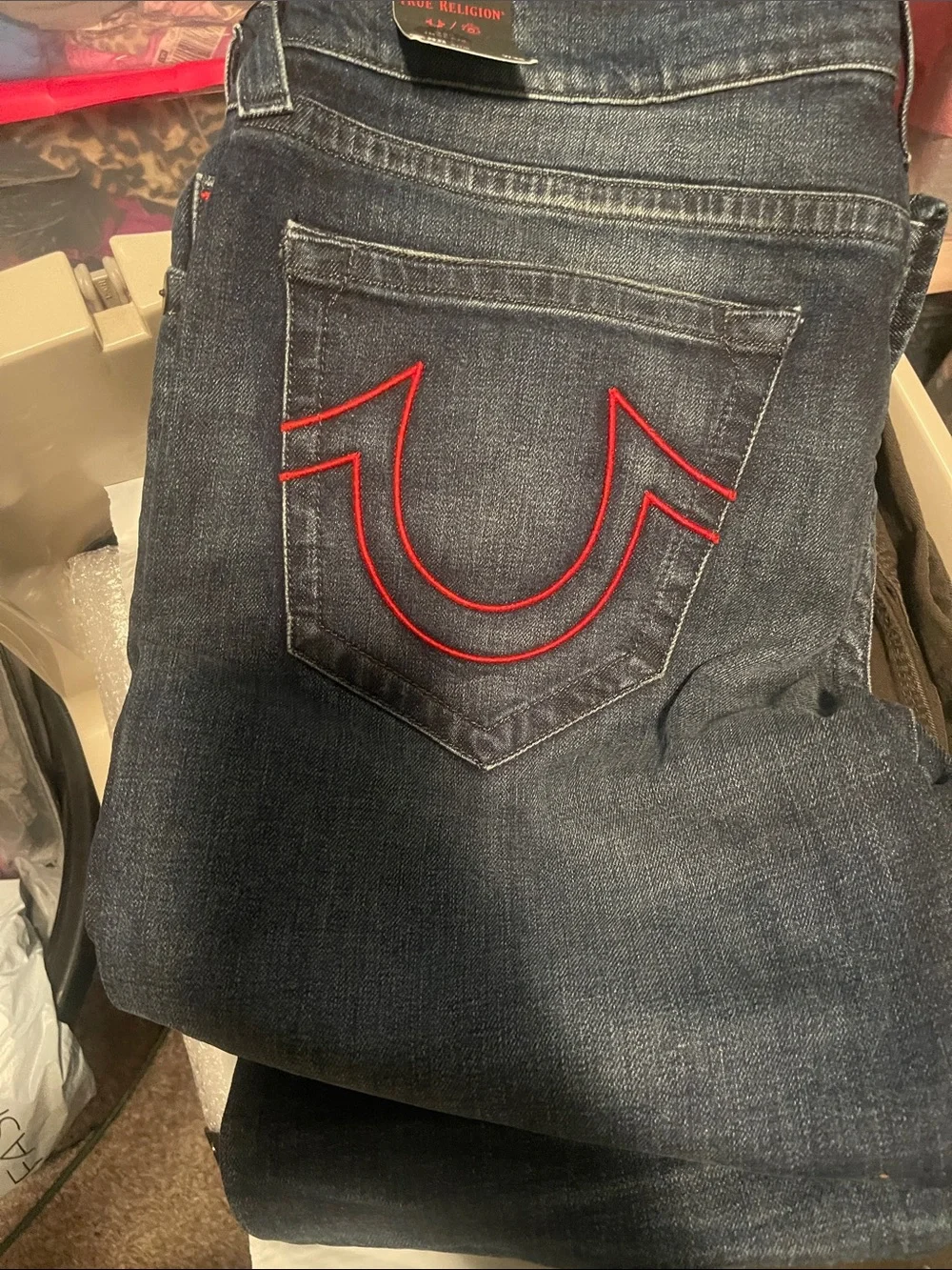 True Religion Indigo Jeans with Red Pocket Embroidery